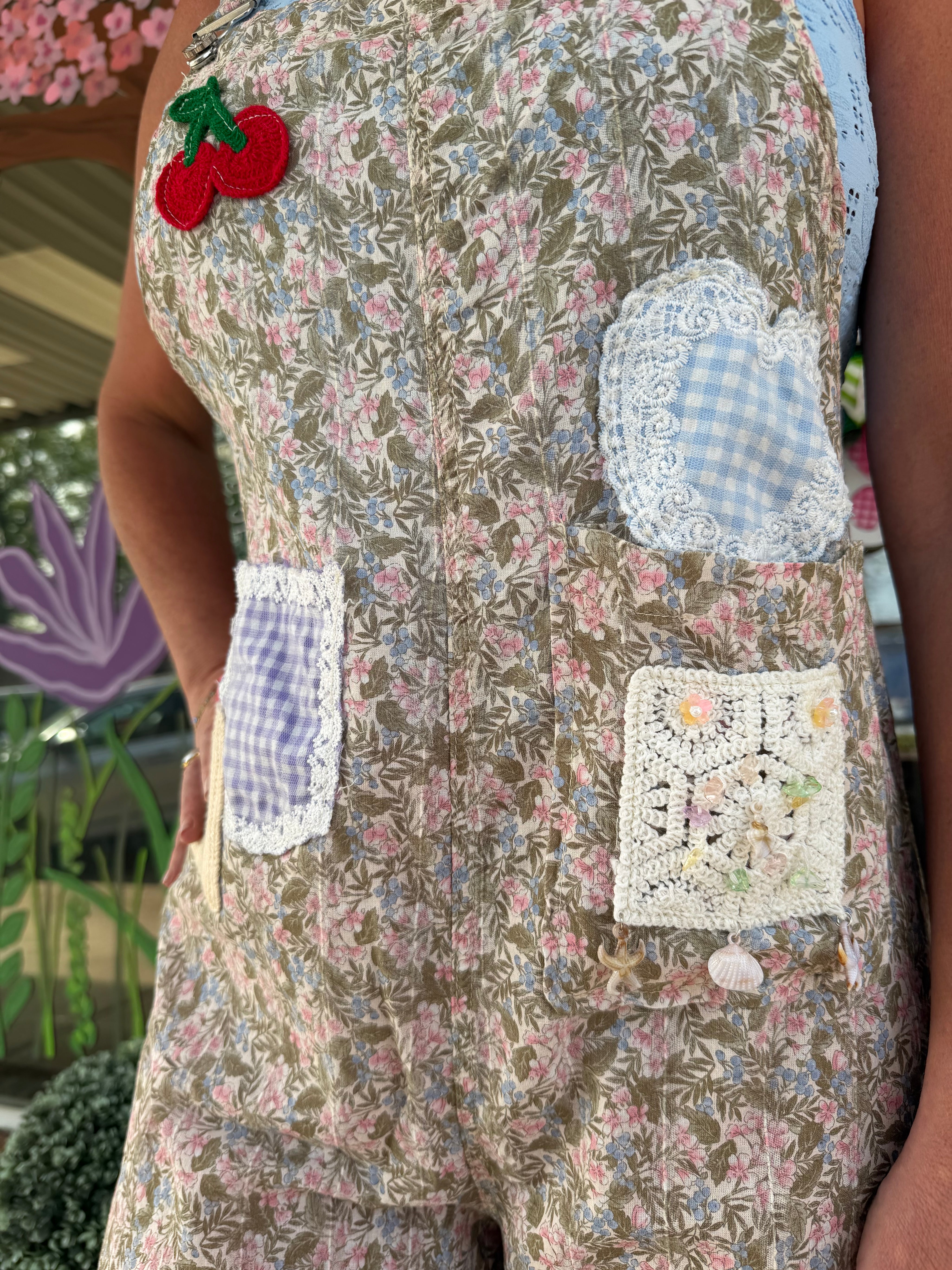 Vintage Garden Patchwork Cotton Overalls – Adjustable Strap Wide Leg Jumpsuit