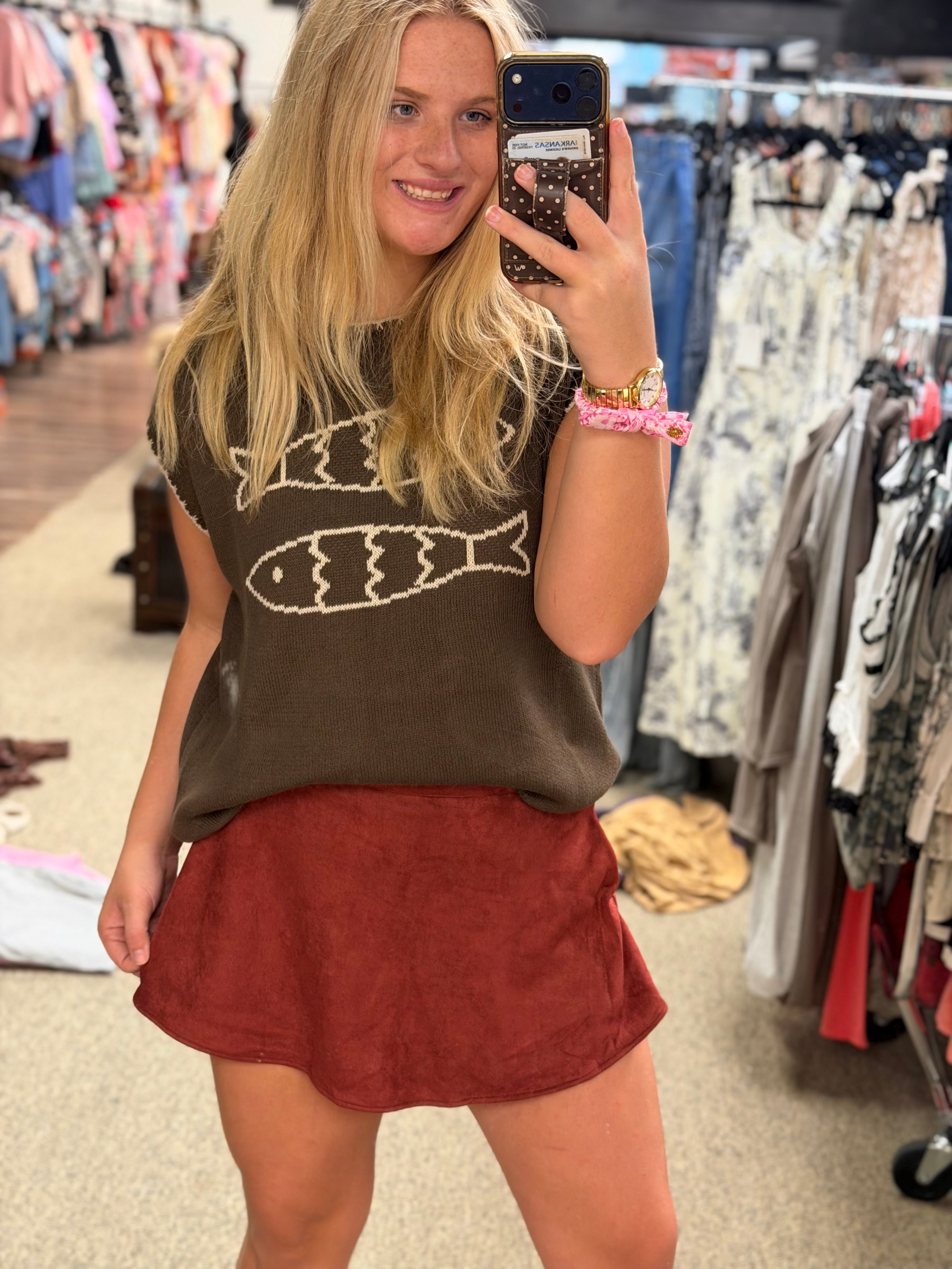 Rust Suede High-Waisted Flowy Skort