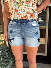 Risen “Starstruck Babe” Elastic Waist Star Patch Denim Shorts