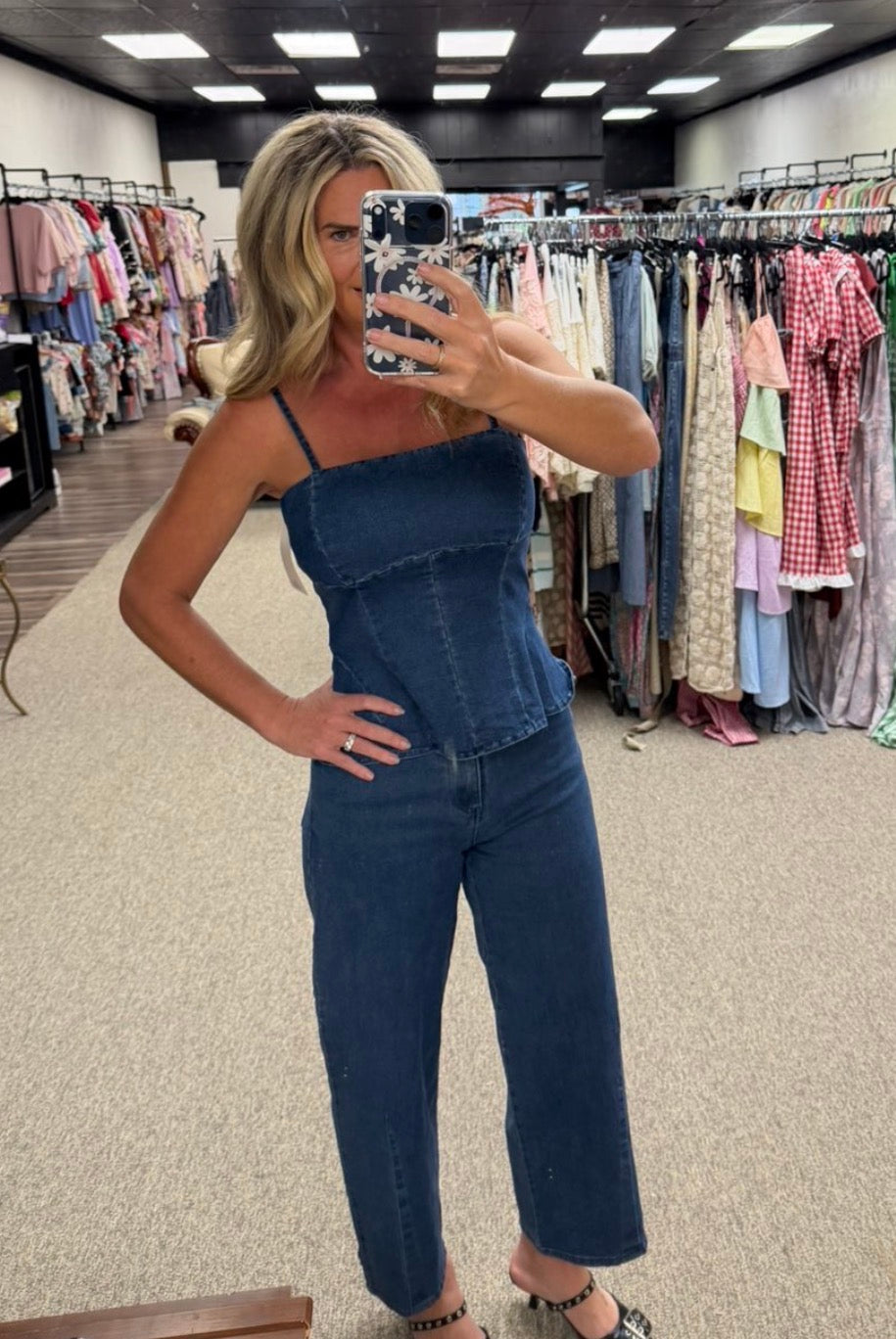 Denim Peplum Top & Wide Leg Pants Set
