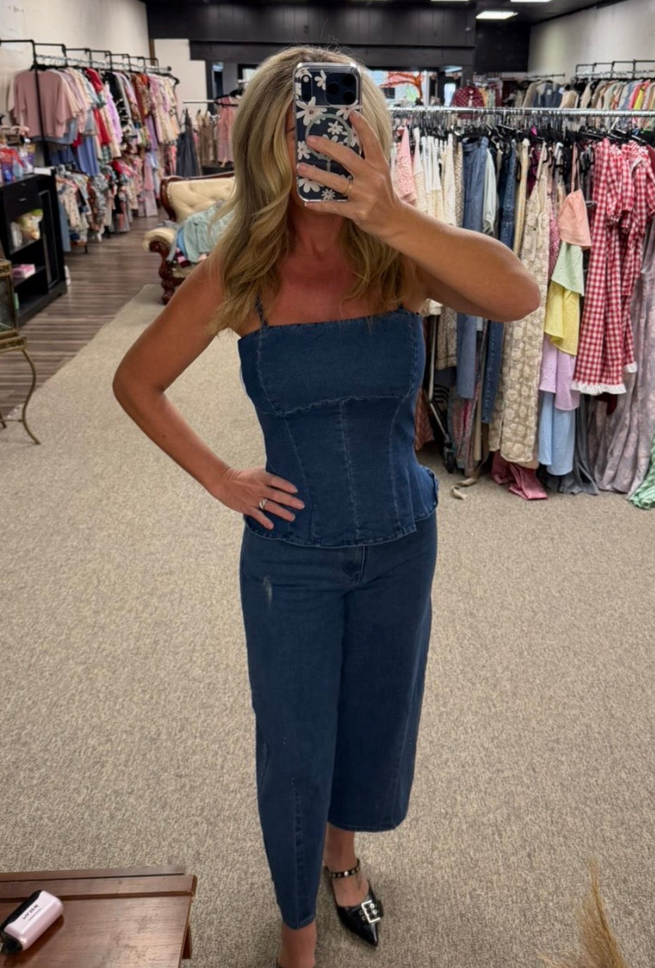 Denim Peplum Top & Wide Leg Pants Set