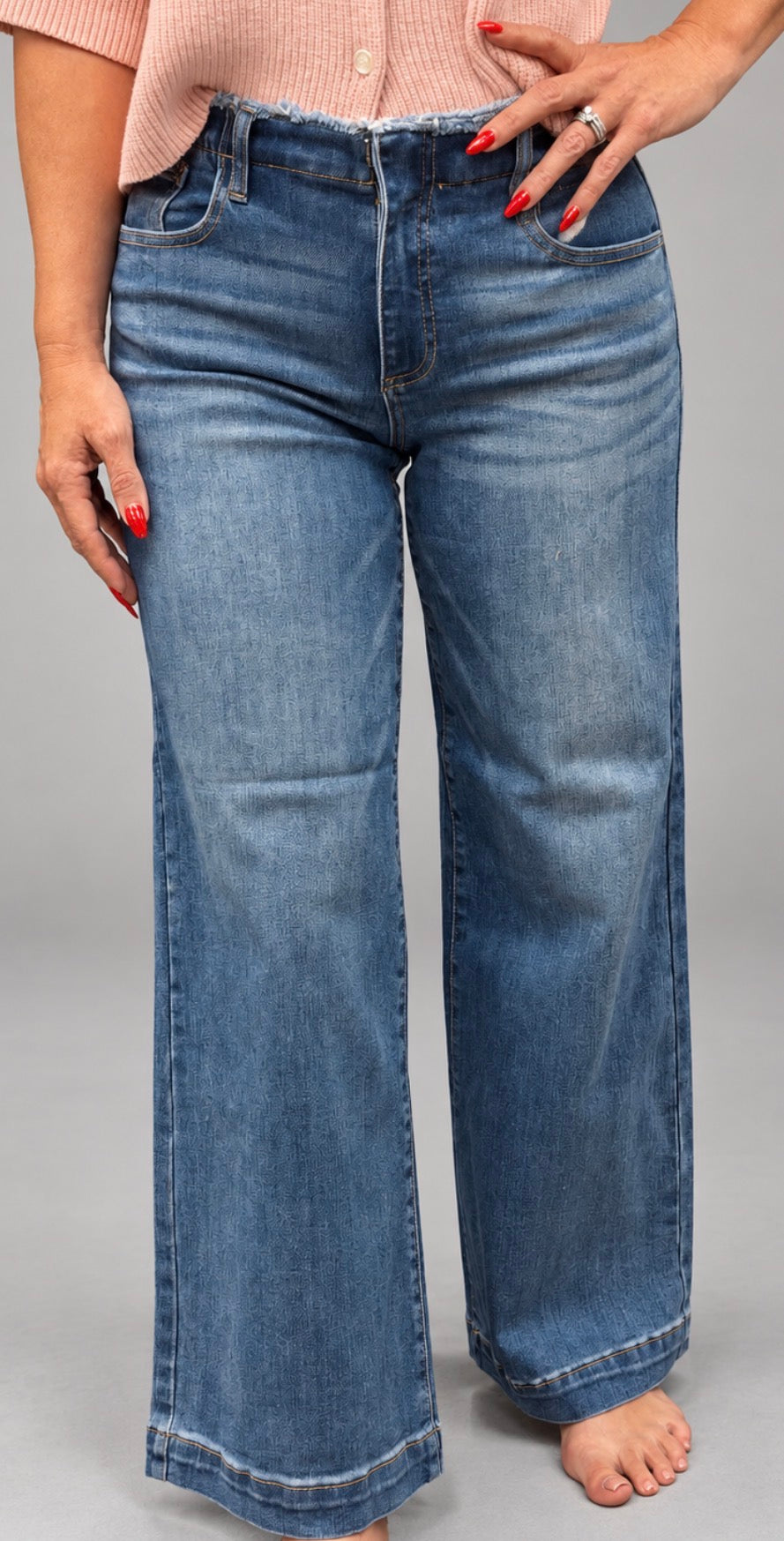 Risen Medium Wash Raw Waistband Wide Leg Jeans