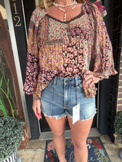 Boho brown Patchwork Floral Blouse – Smocked Peasant Top with Bell Sleeves