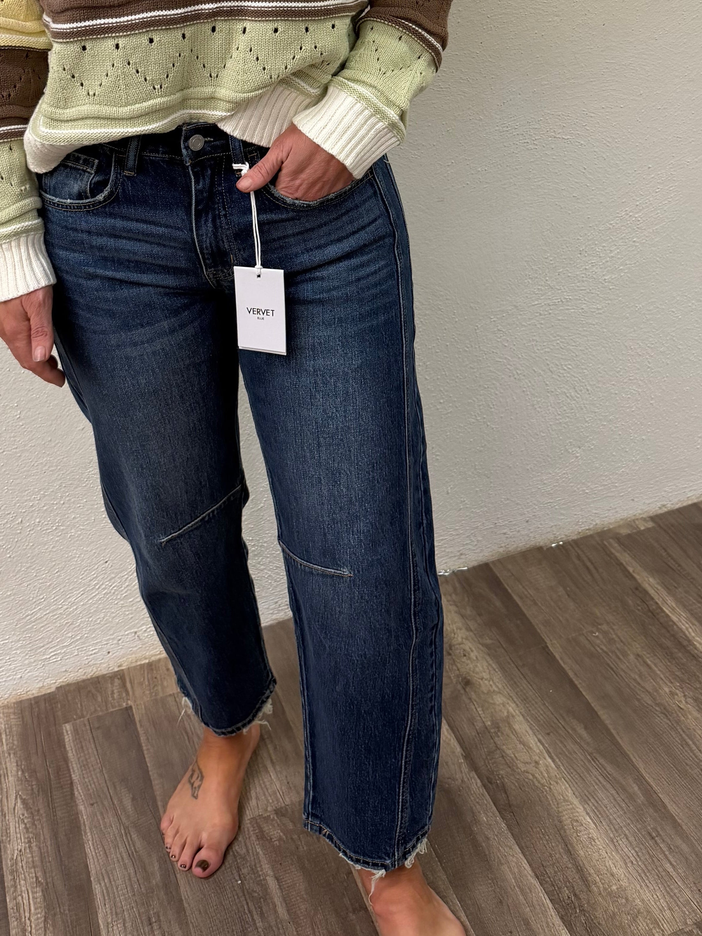 Dark wash vervet baby barrel jeans