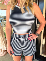 Navy & Light Blue Striped Knit Lounge Set – Crop Top & Drawstring Shorts