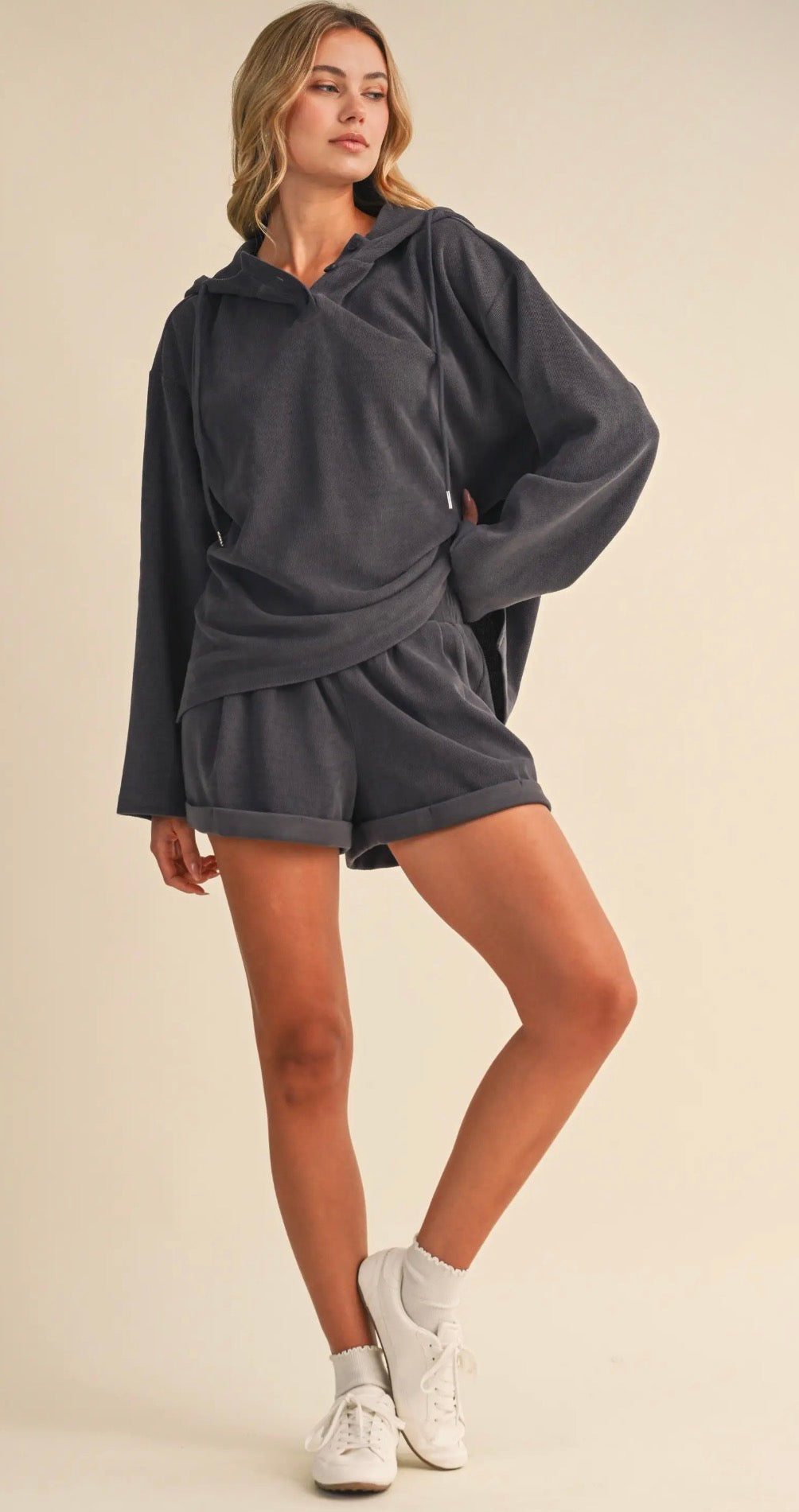 Ribbed Hooded Top & Shorts Set