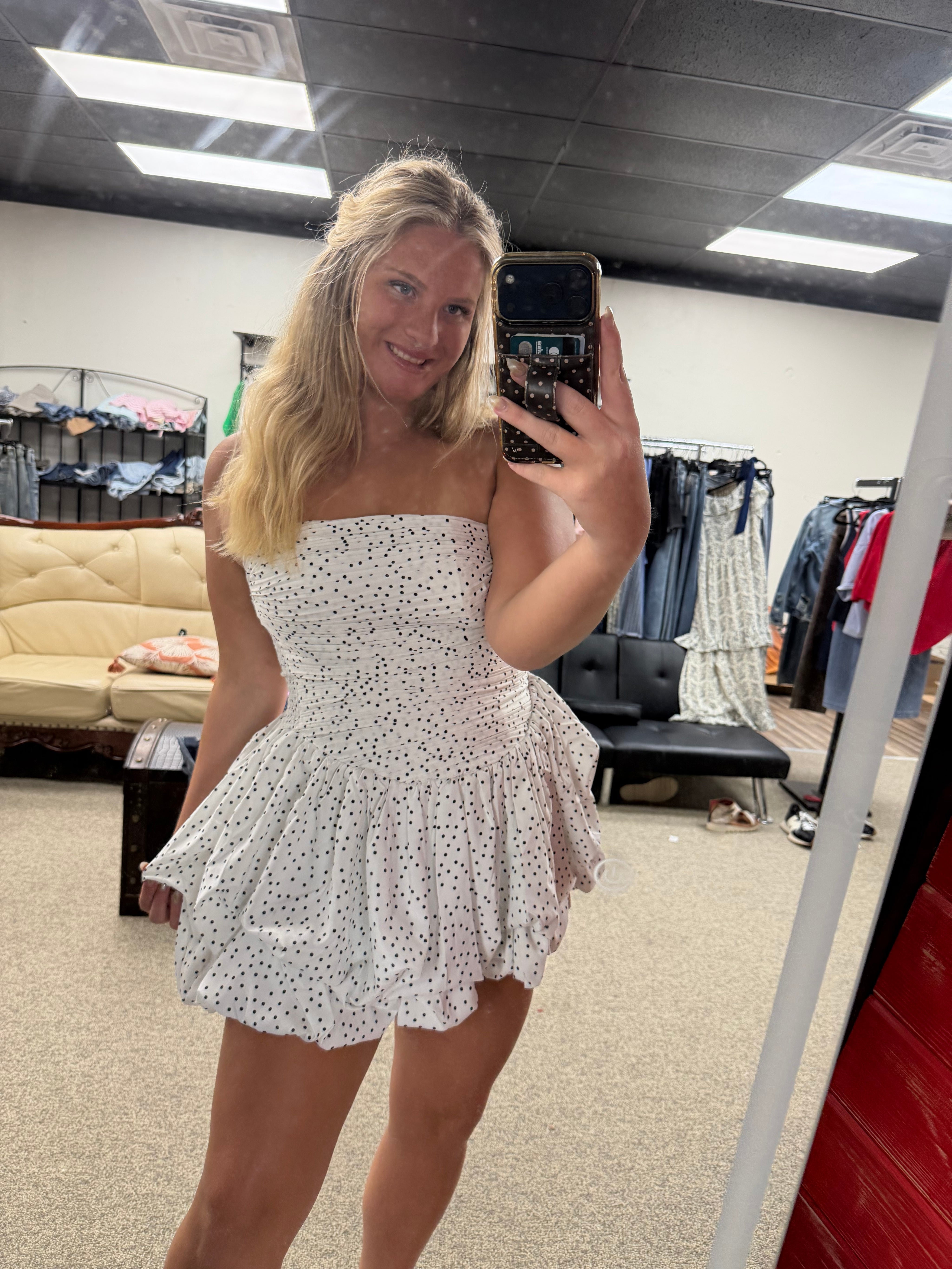 Dotted Darling Strapless Bubble Mini Dress