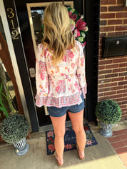 Boho Embroidered Floral Smocked Waist Peplum Blouse with Bell Sleeves lavender dreams