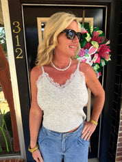 Soft Whisper Grey Lace Trim Tank