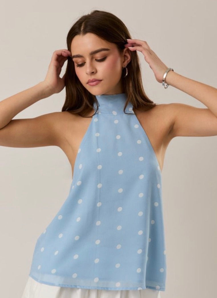 Blue Polka Dot Halter Tie Blouse