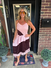 Blush & Bordeaux Patchwork Lace Midi Dress