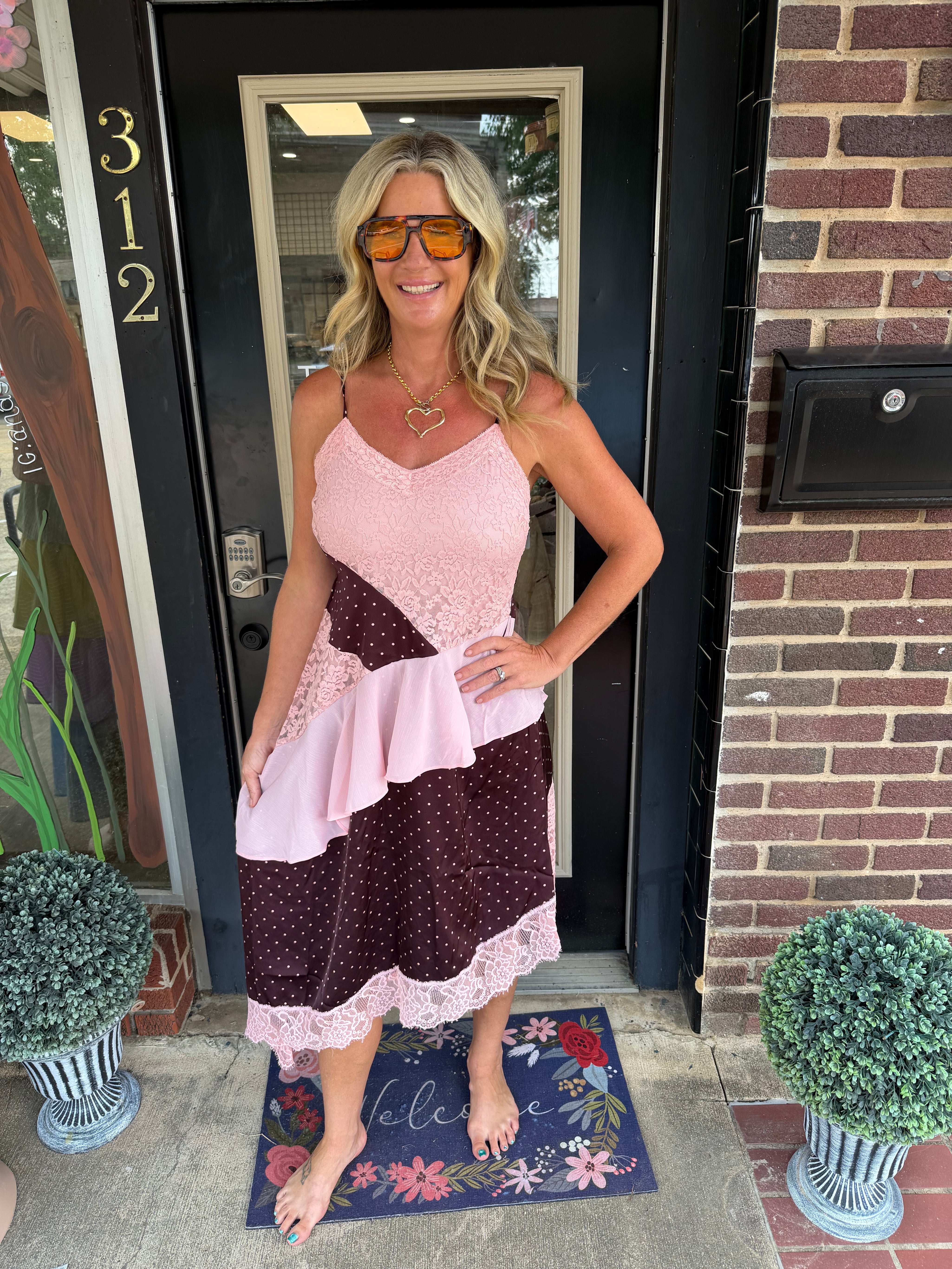 Blush & Bordeaux Patchwork Lace Midi Dress