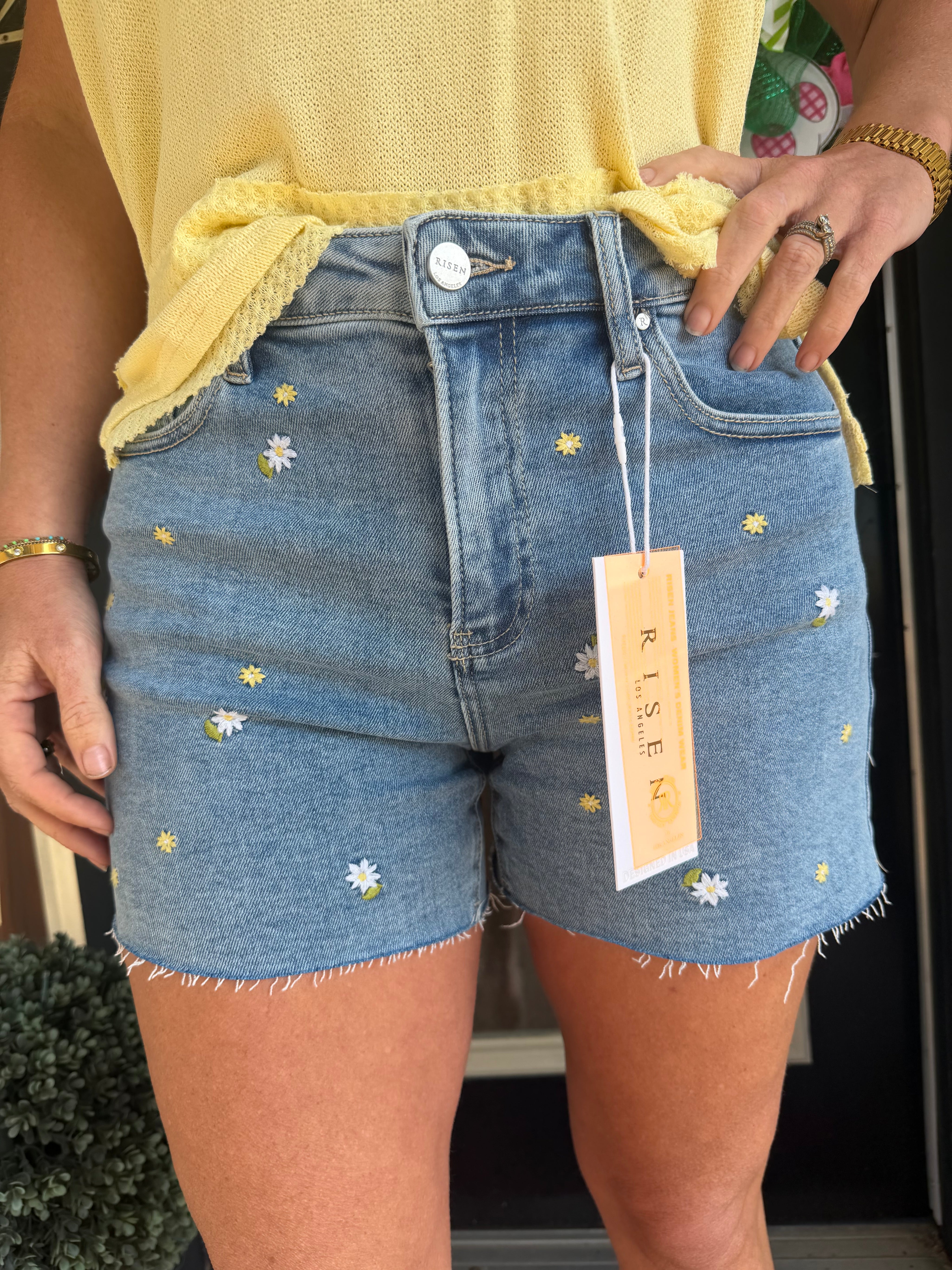 Risen “Daisy Days” Embroidered High Rise Denim Shorts