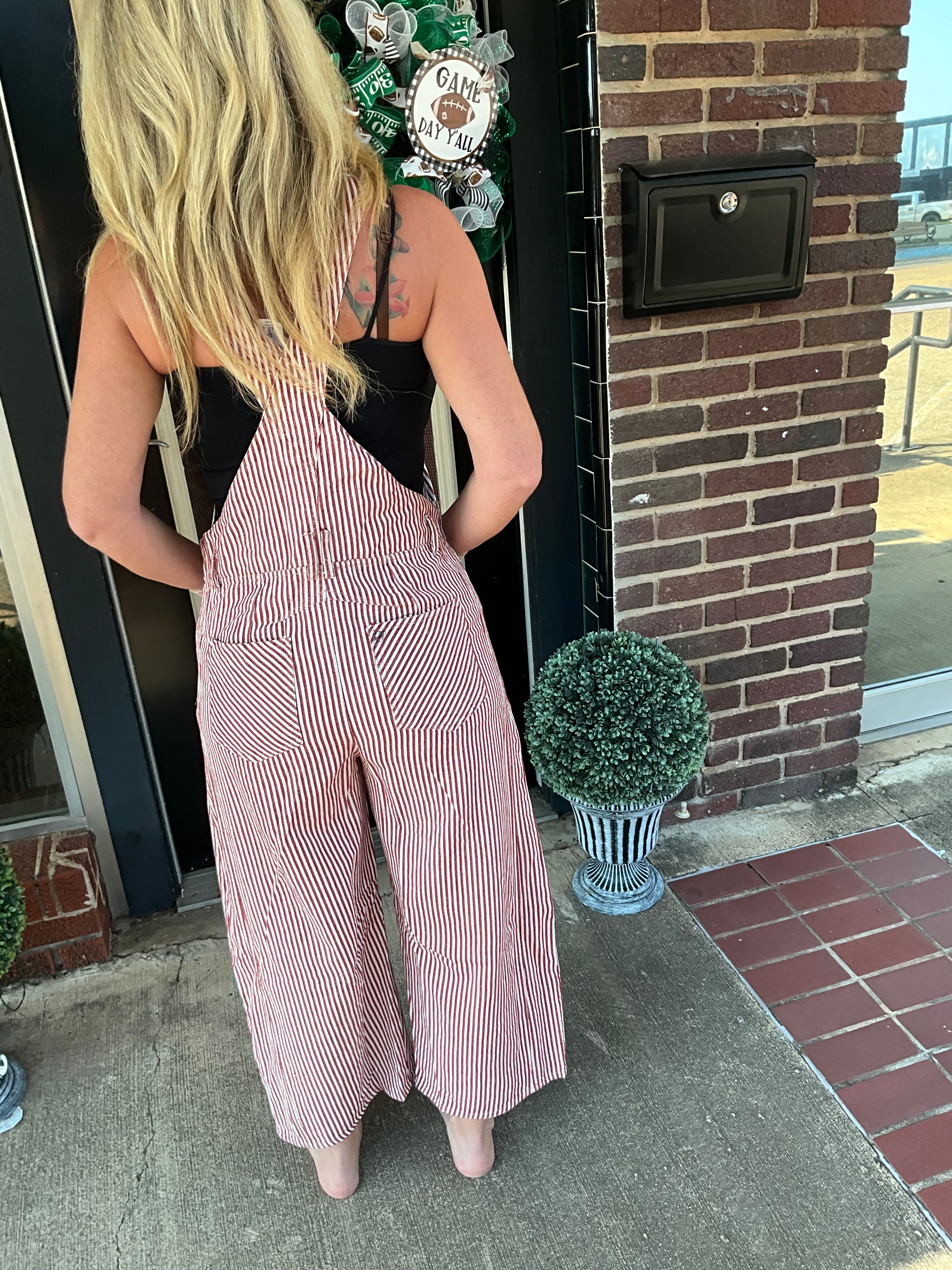 Red & white barrel overalls