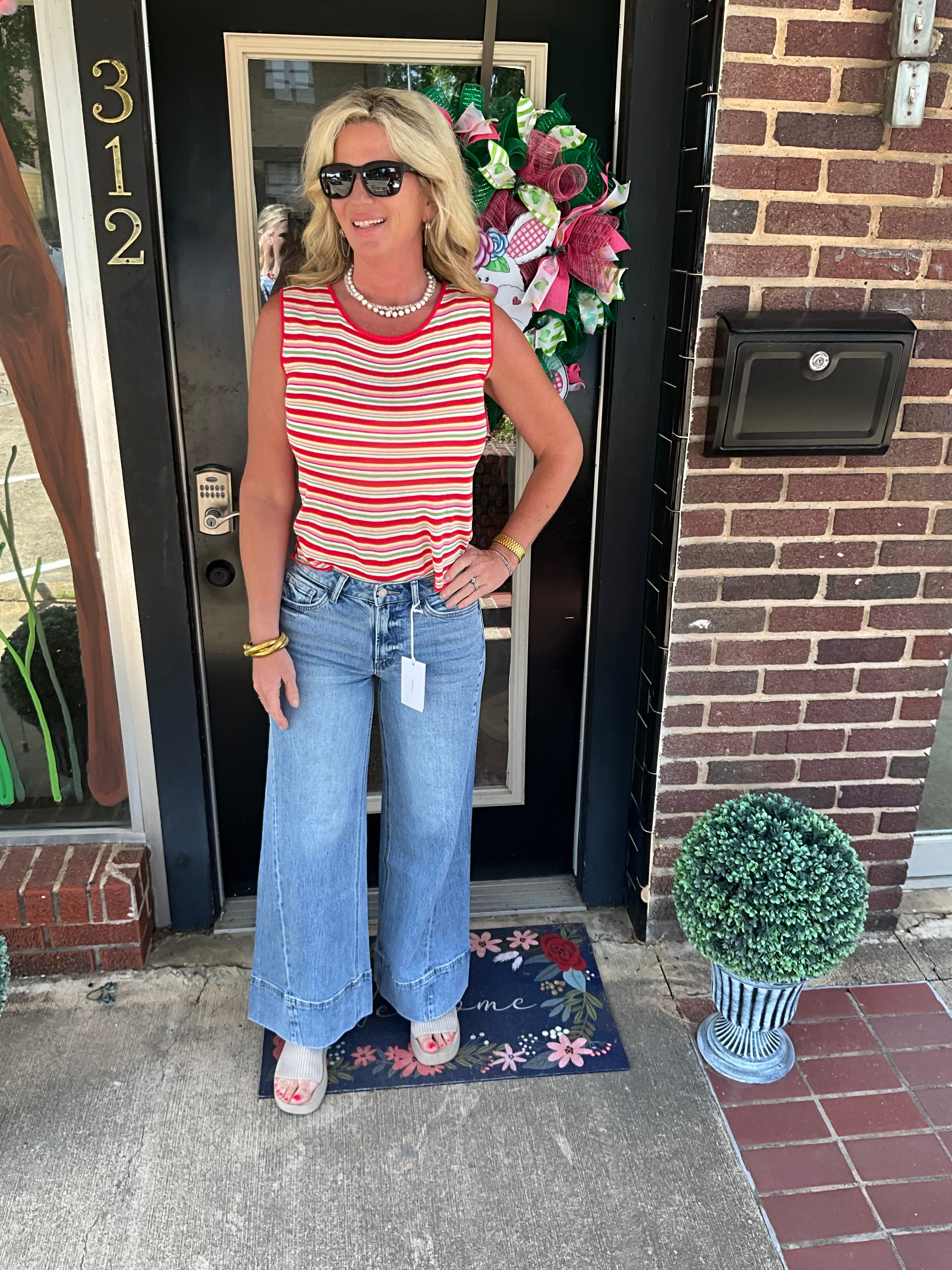 Red striped round neck tank