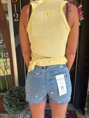 Risen “Daisy Days” Embroidered High Rise Denim Shorts