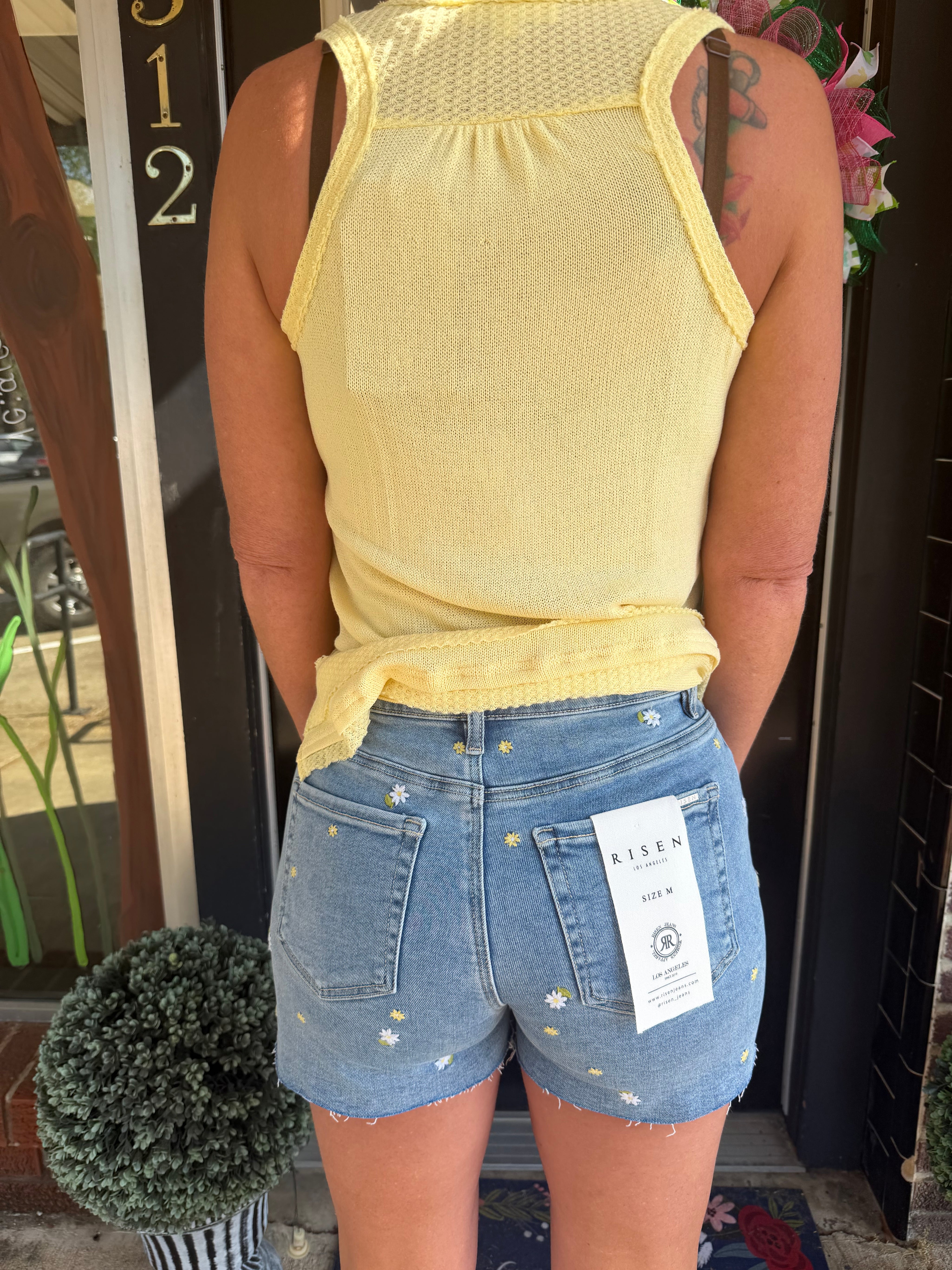 Risen “Daisy Days” Embroidered High Rise Denim Shorts