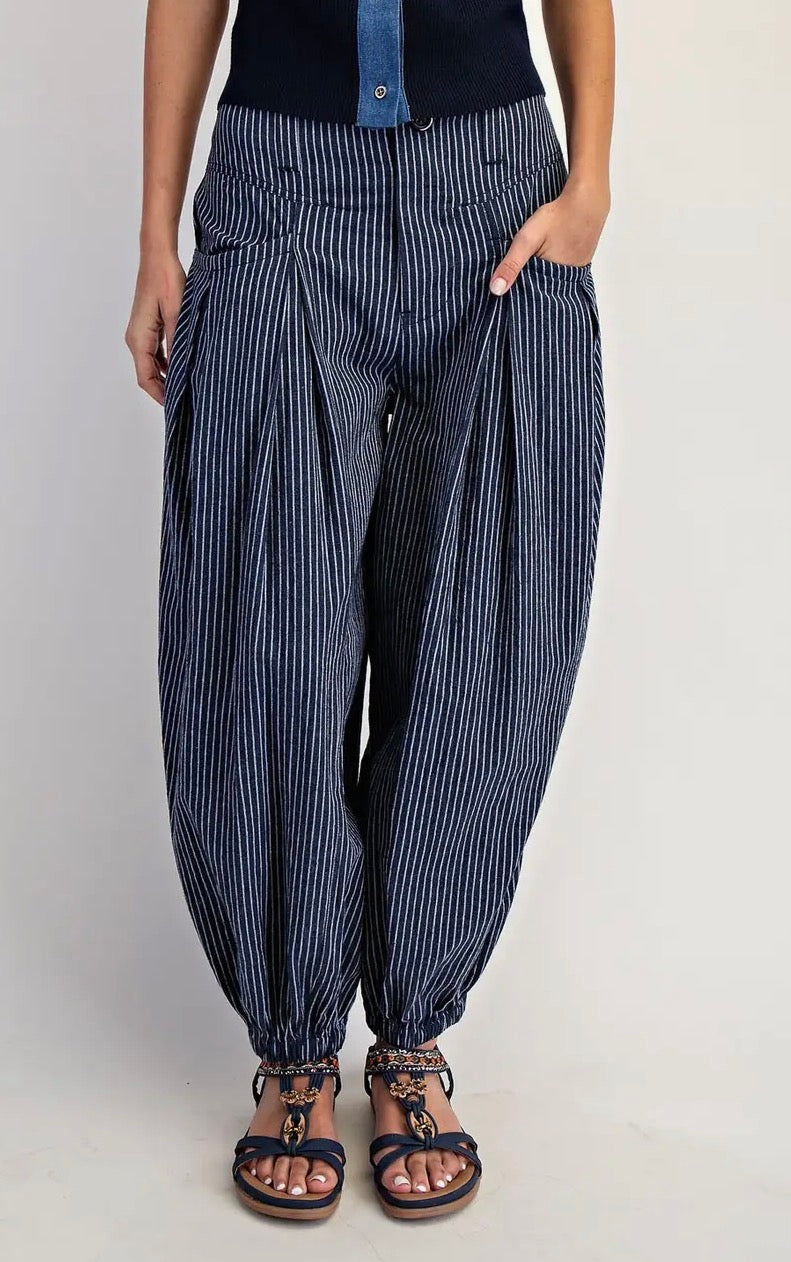 Navy Stripe Barrel Pants – Pull On Wide Leg Bubble Pants with Pockets