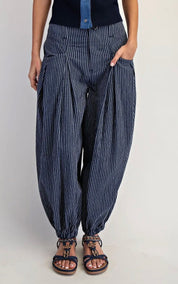 Navy Stripe Barrel Pants – Pull On Wide Leg Bubble Pants with Pockets