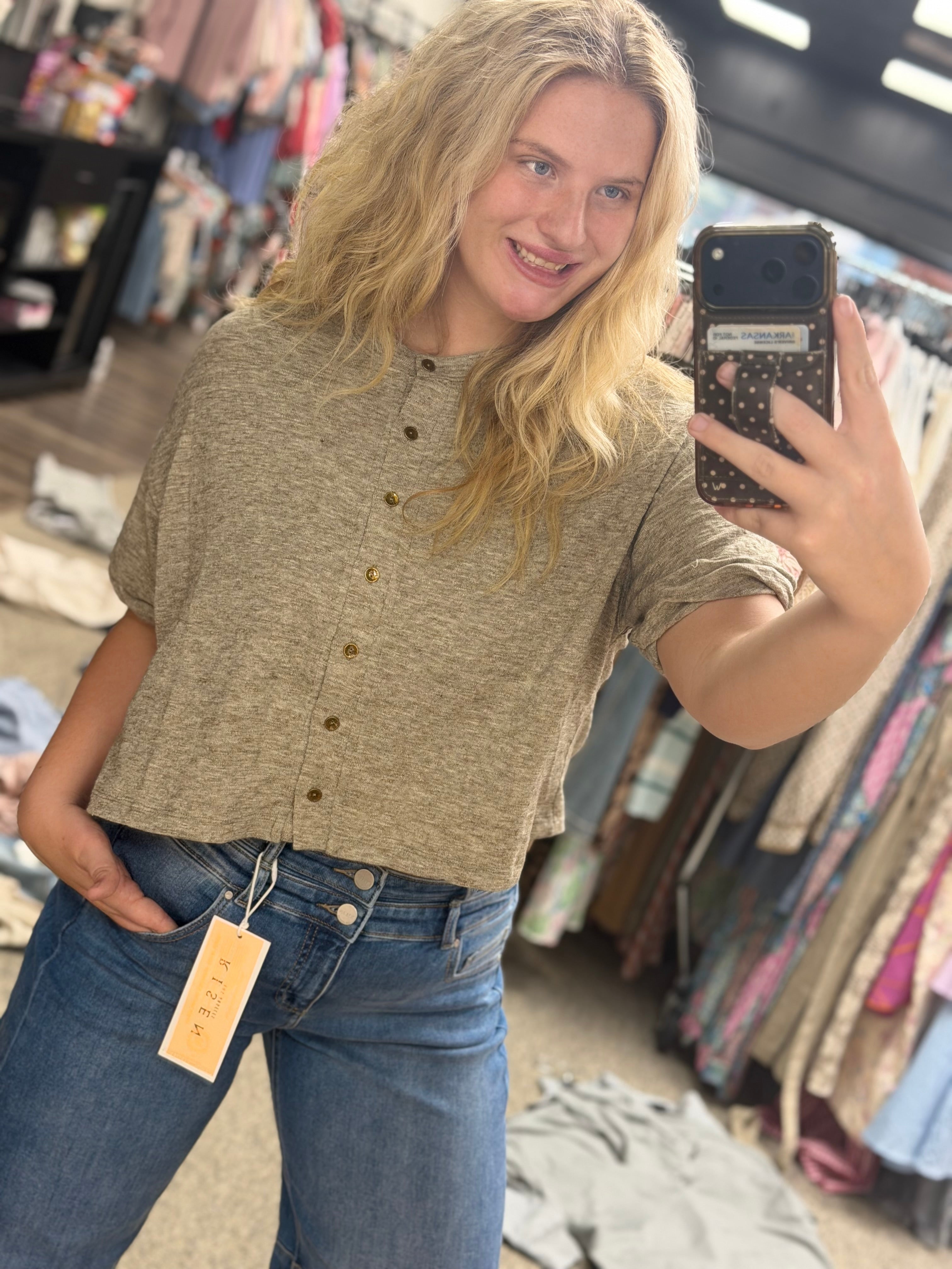 Button Front Short Sleeve Knit Top