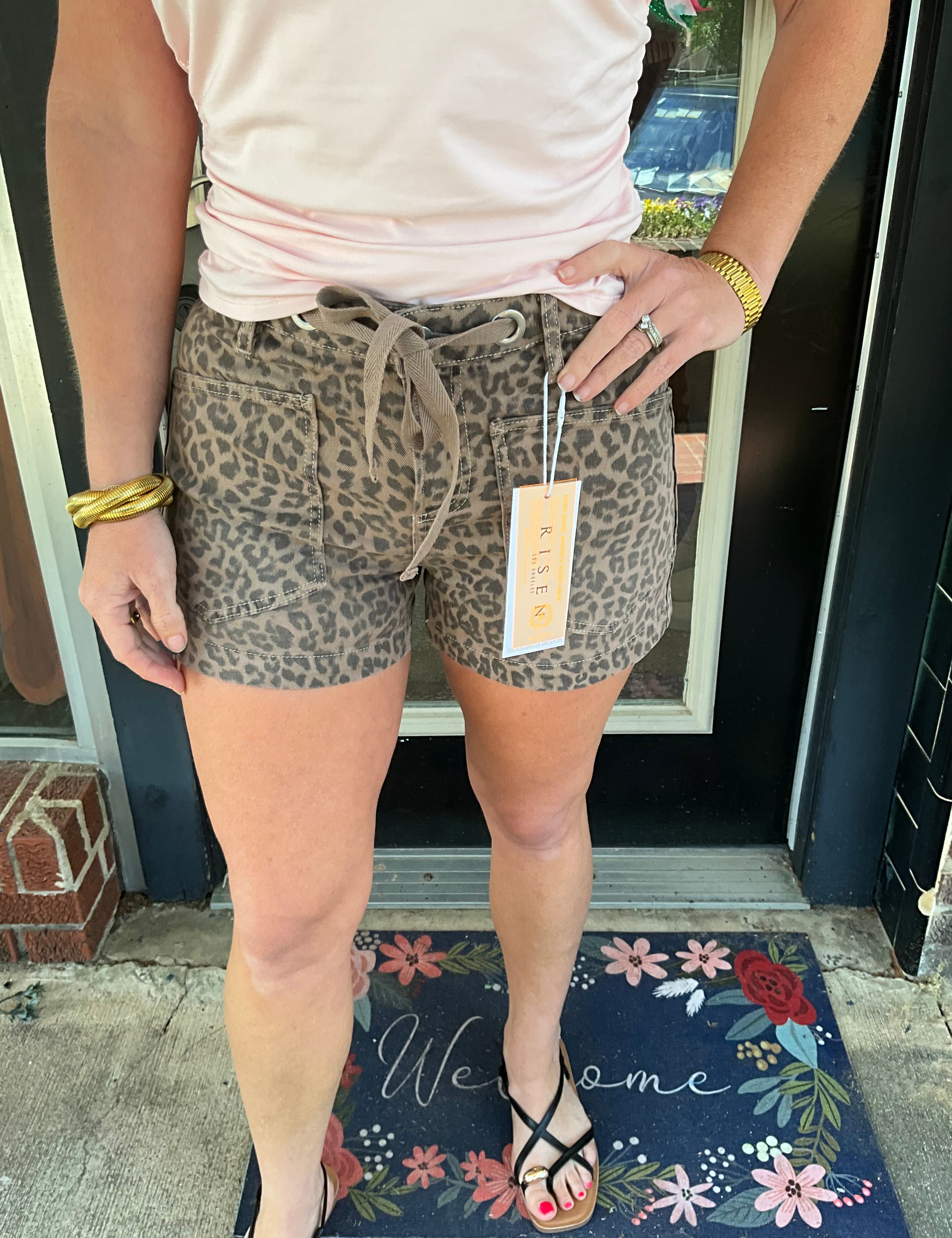 Risen Leopard Print Drawstring High Rise Shorts