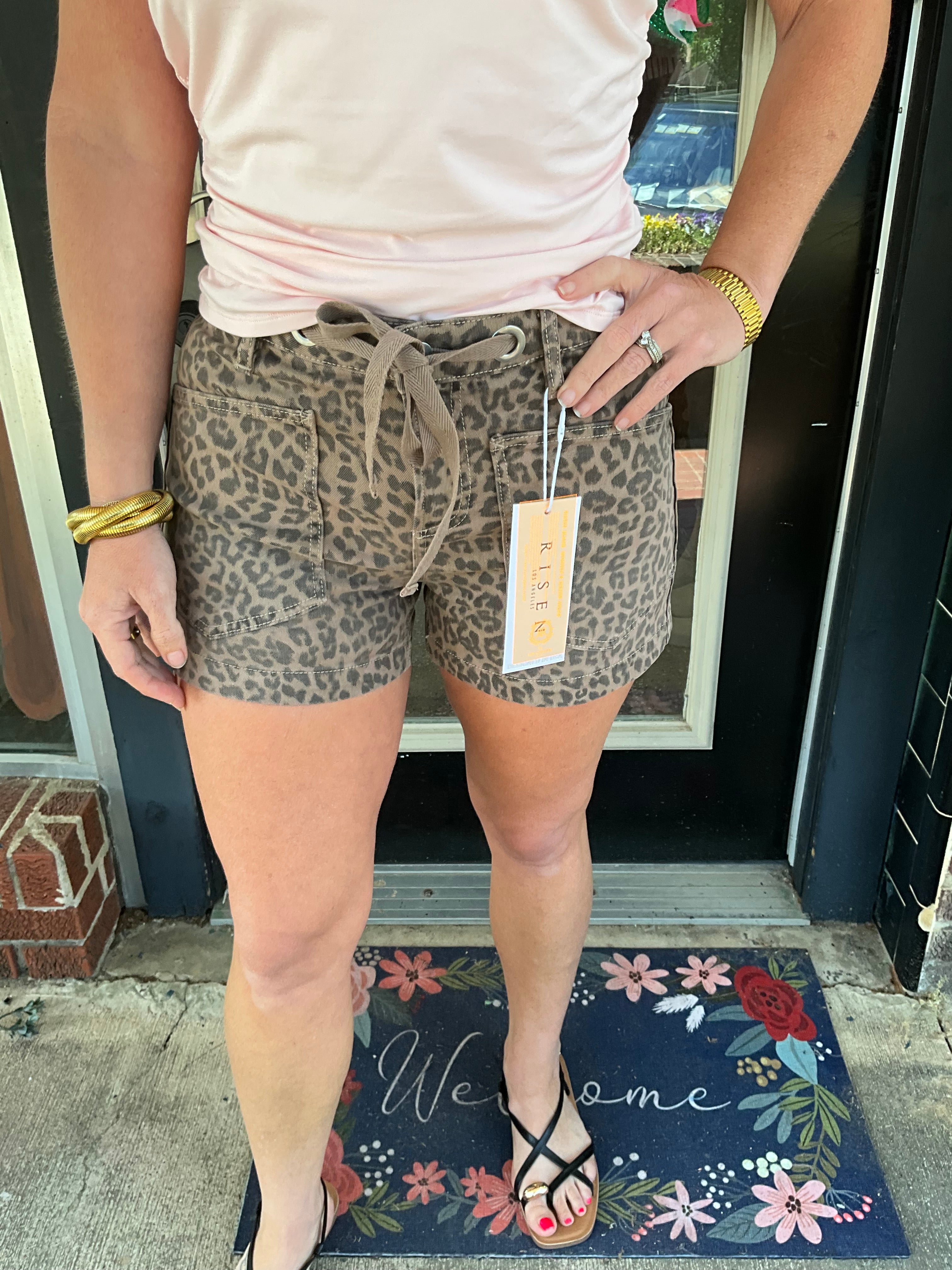 Risen Leopard Print Drawstring High Rise Shorts