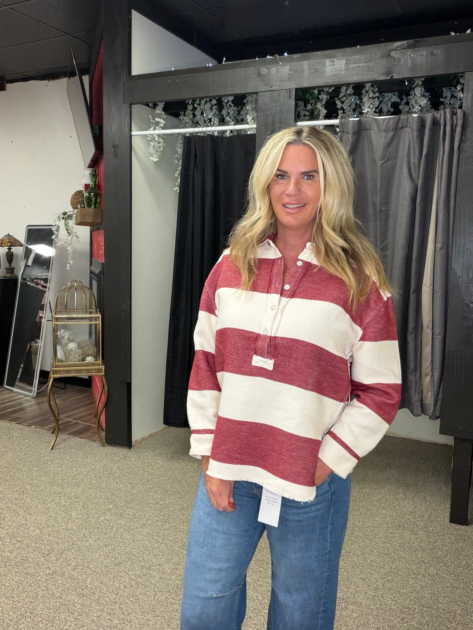Vintage Red & Cream Striped Rugby Pullover