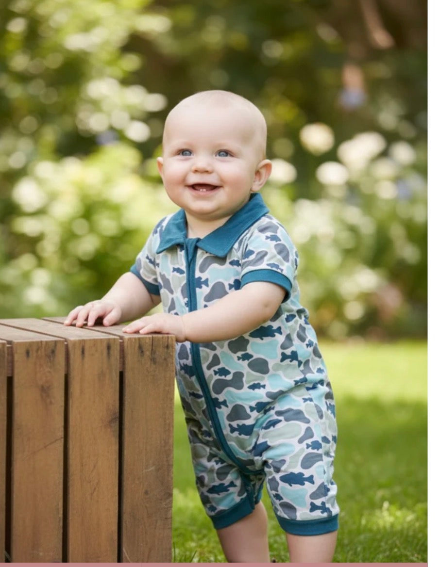 Blue camo zip up onesie