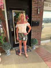 Cream Lace Off Shoulder Smocked Peplum Top with Ruffle Detai