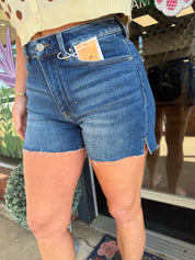 Risen “Everyday Essential” High Rise Raw Hem Denim Shorts