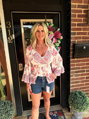 Boho Embroidered Floral Smocked Waist Peplum Blouse with Bell Sleeves lavender dreams