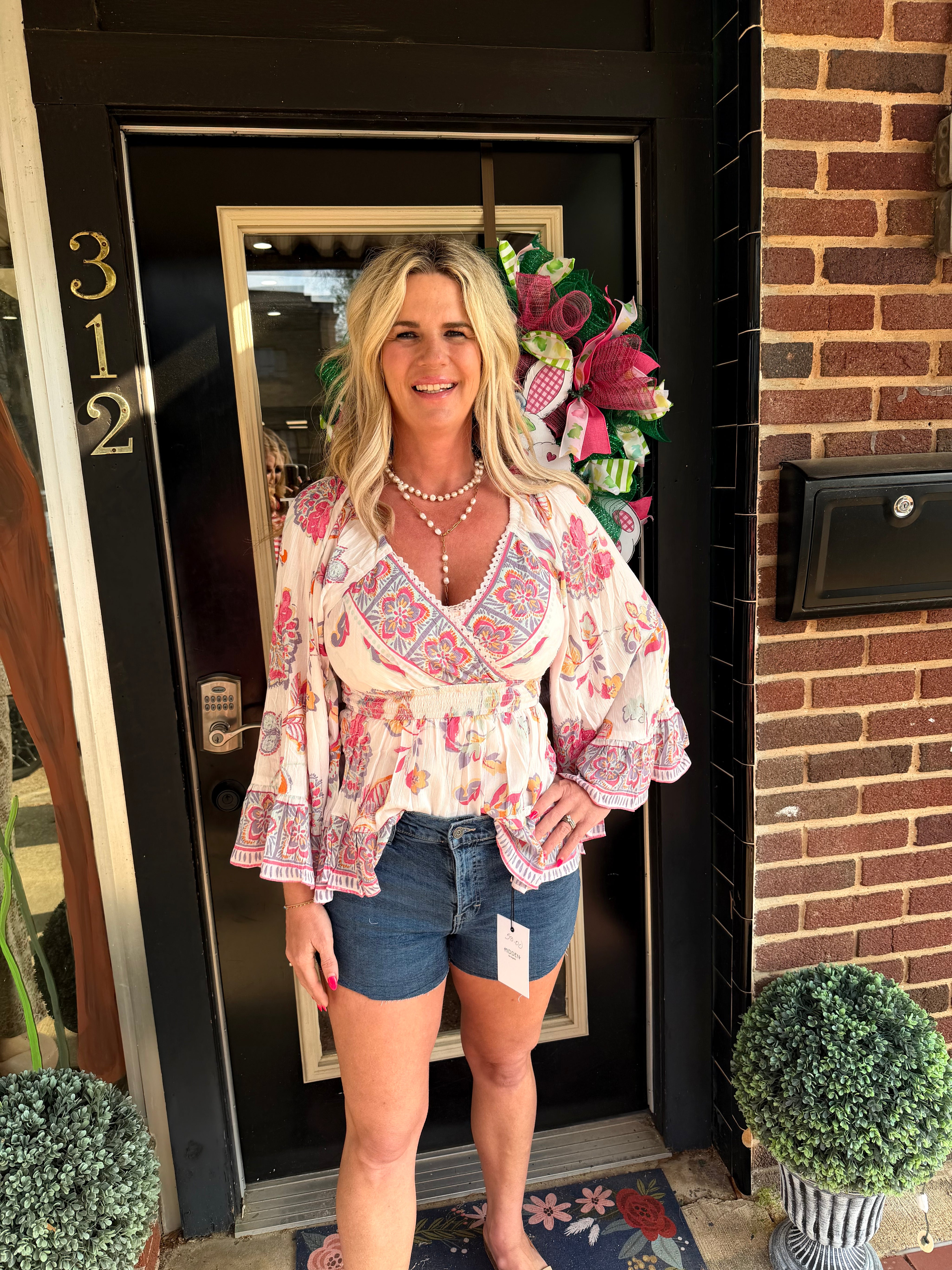 Boho Embroidered Floral Smocked Waist Peplum Blouse with Bell Sleeves lavender dreams