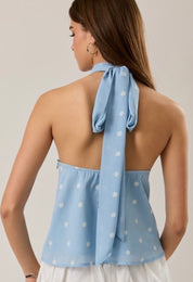 Blue Polka Dot Halter Tie Blouse