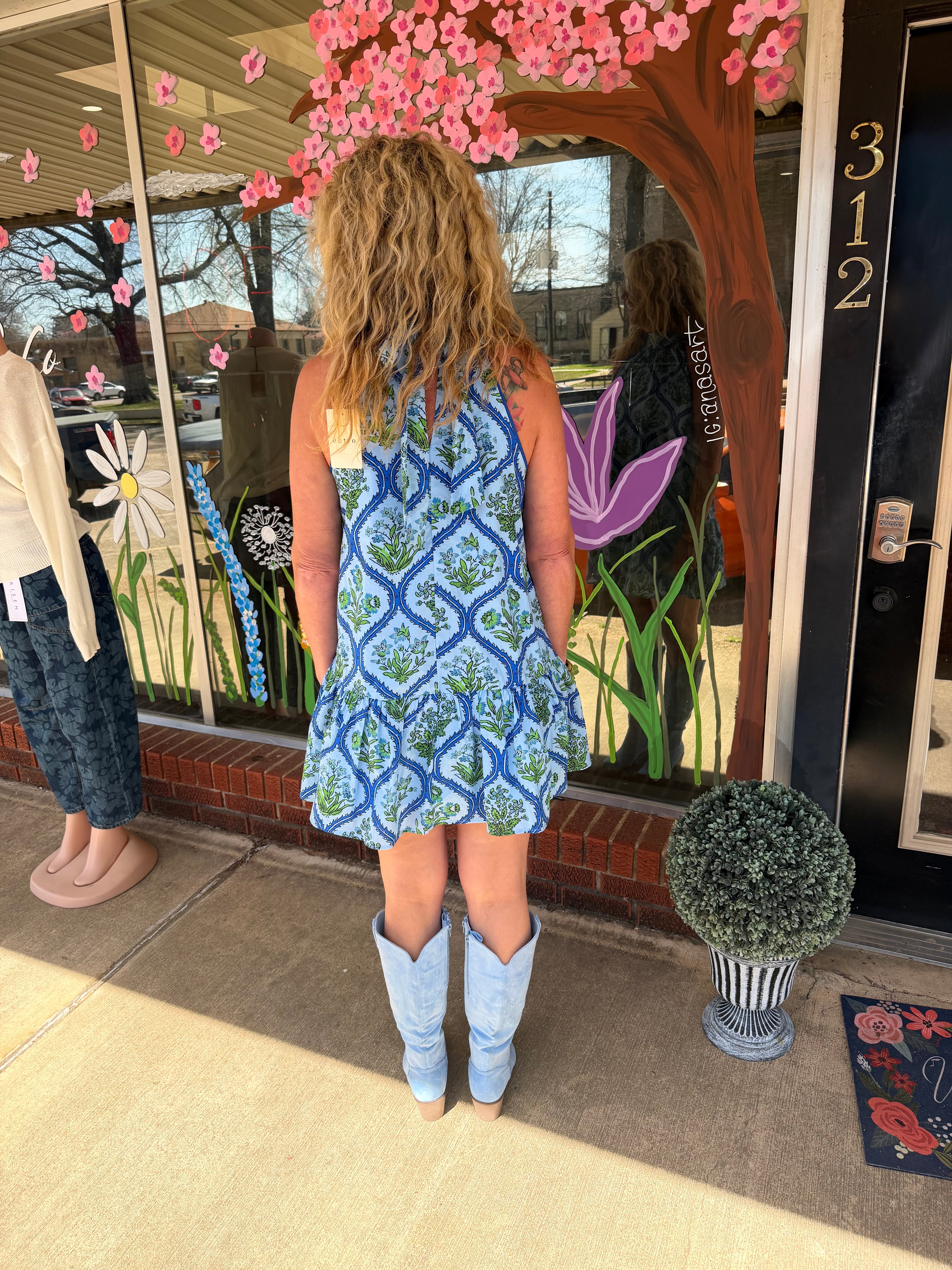 Blue Garden Tile Halter Neck Drop Waist dress