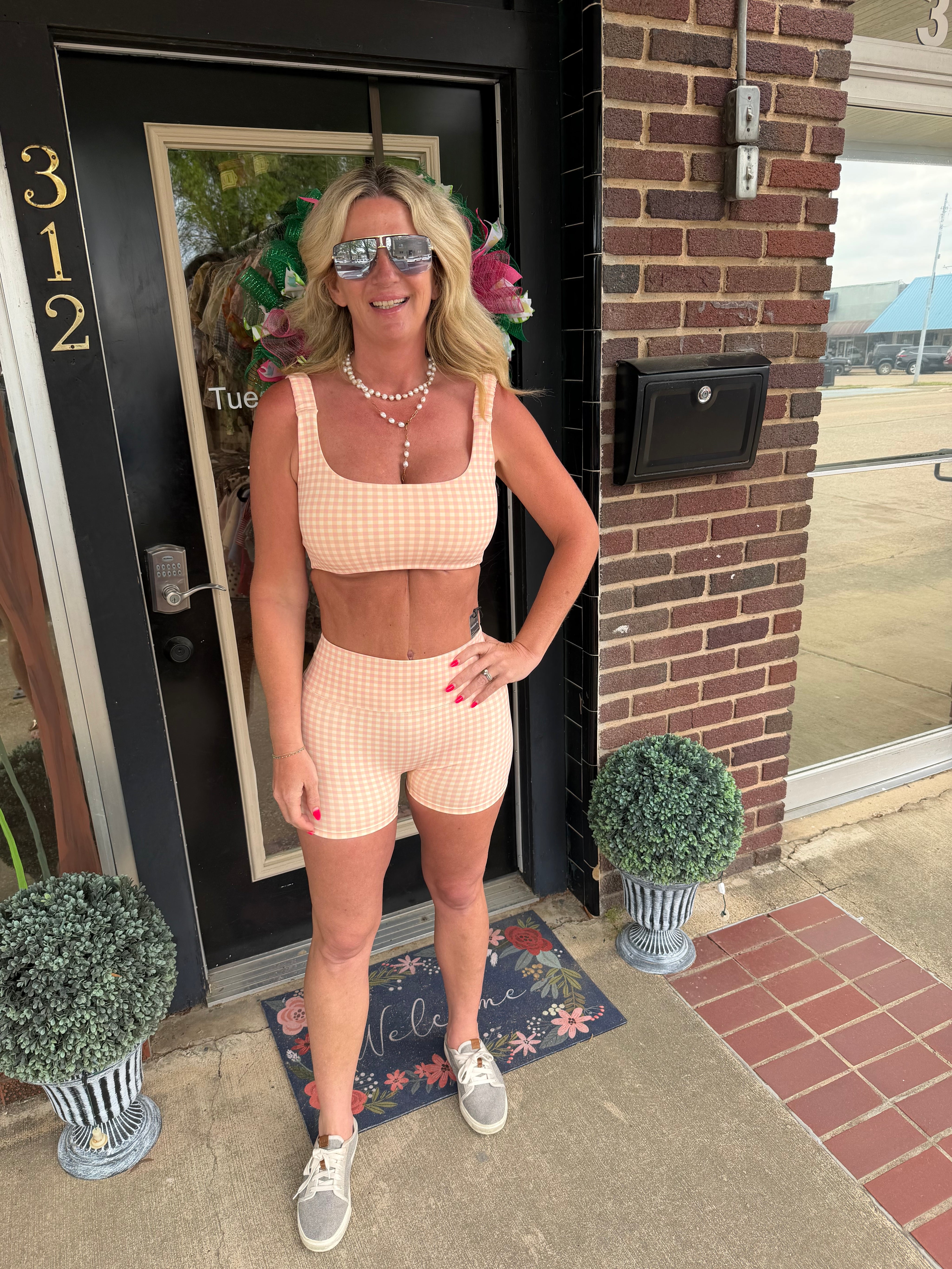 Peach gingham- sports bra