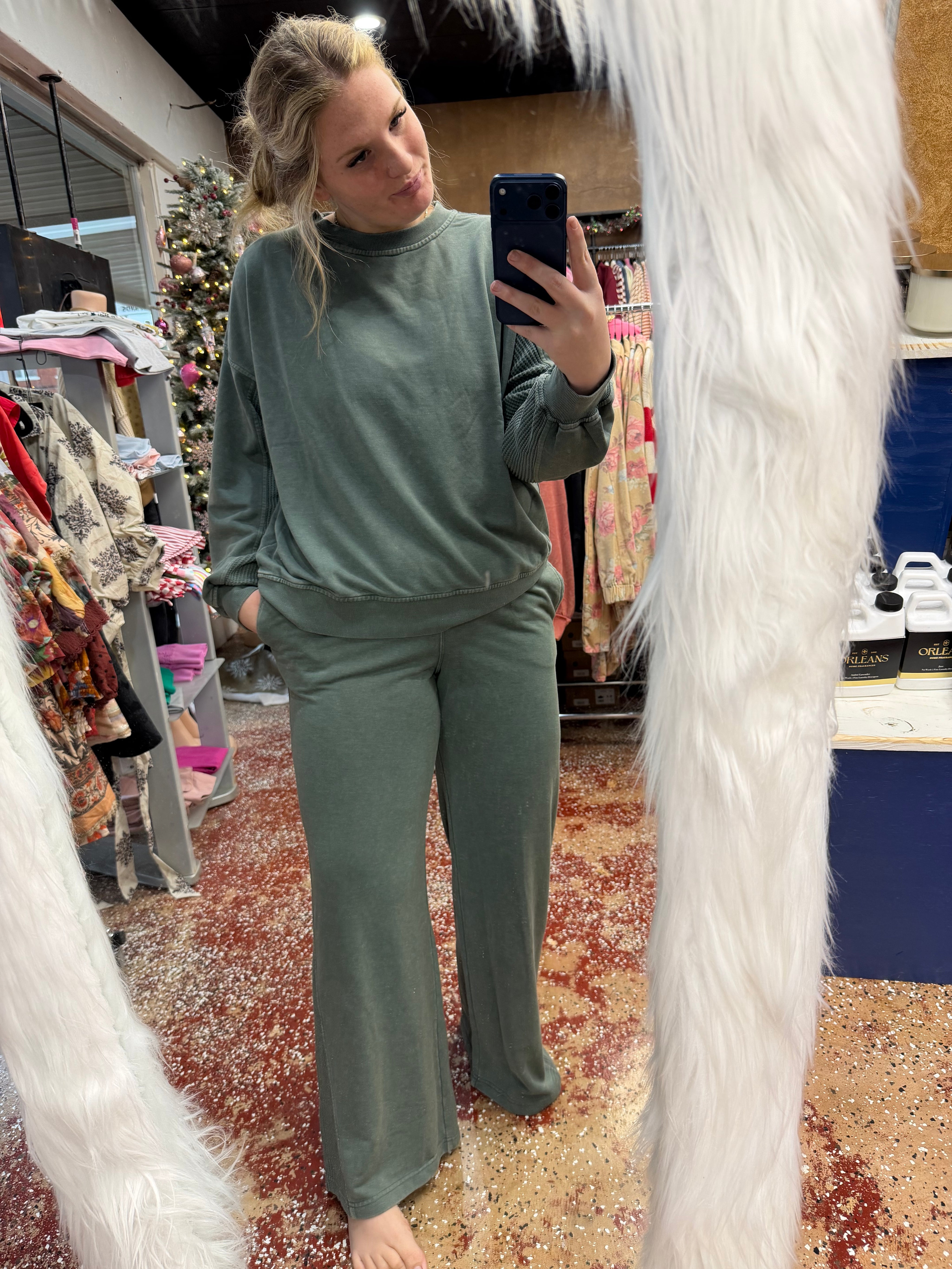 French terry & waffle knit wide leg pants