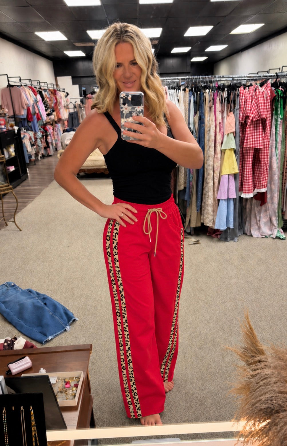 Wild Side Red Leopard Stripe Track Pants | Women’s Wide-Leg Athletic Pants