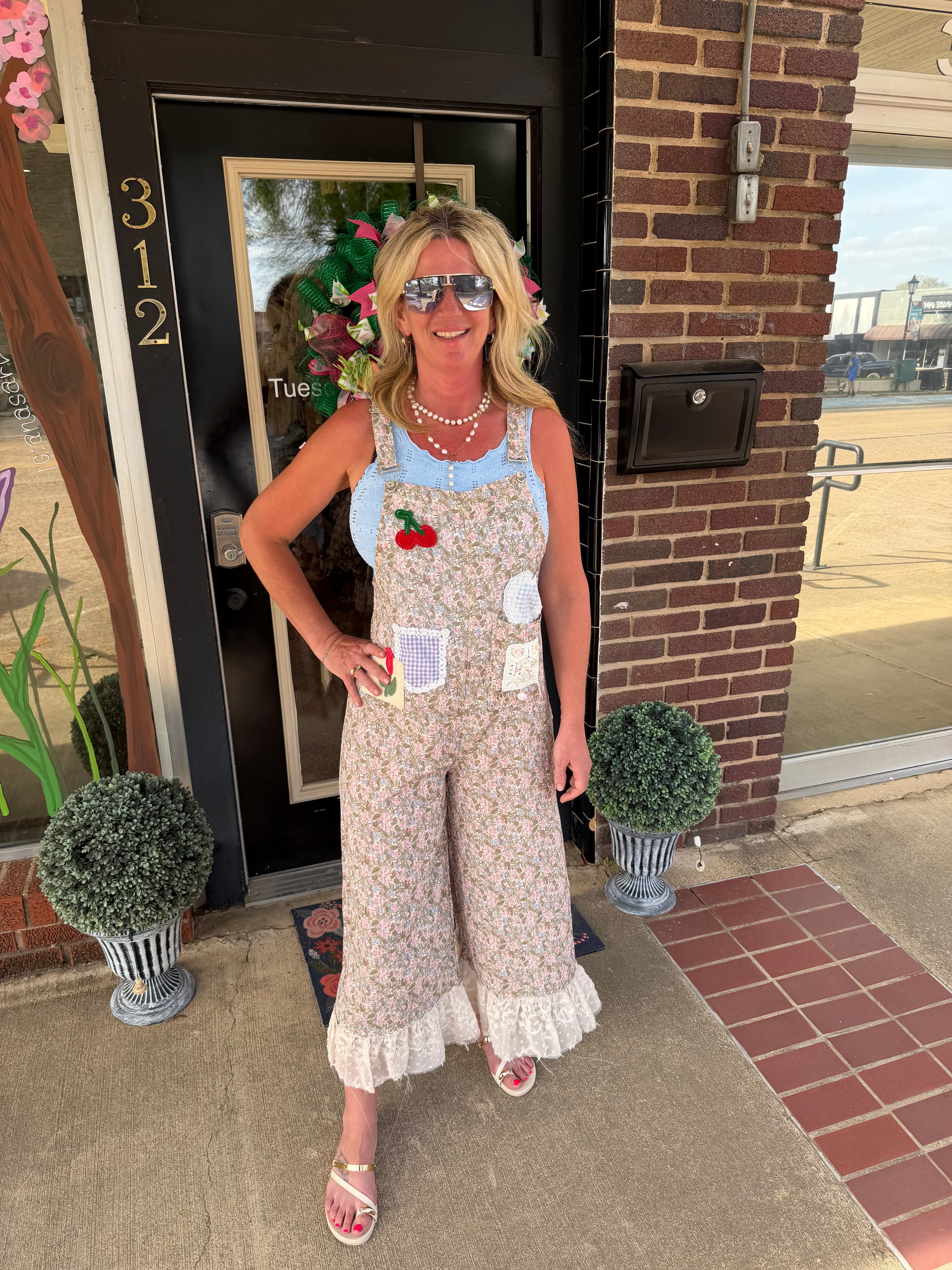 Vintage Garden Patchwork Cotton Overalls – Adjustable Strap Wide Leg Jumpsuit