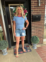 Blue Retro Stripe Fitted Knit Tee – Casual Everyday Top