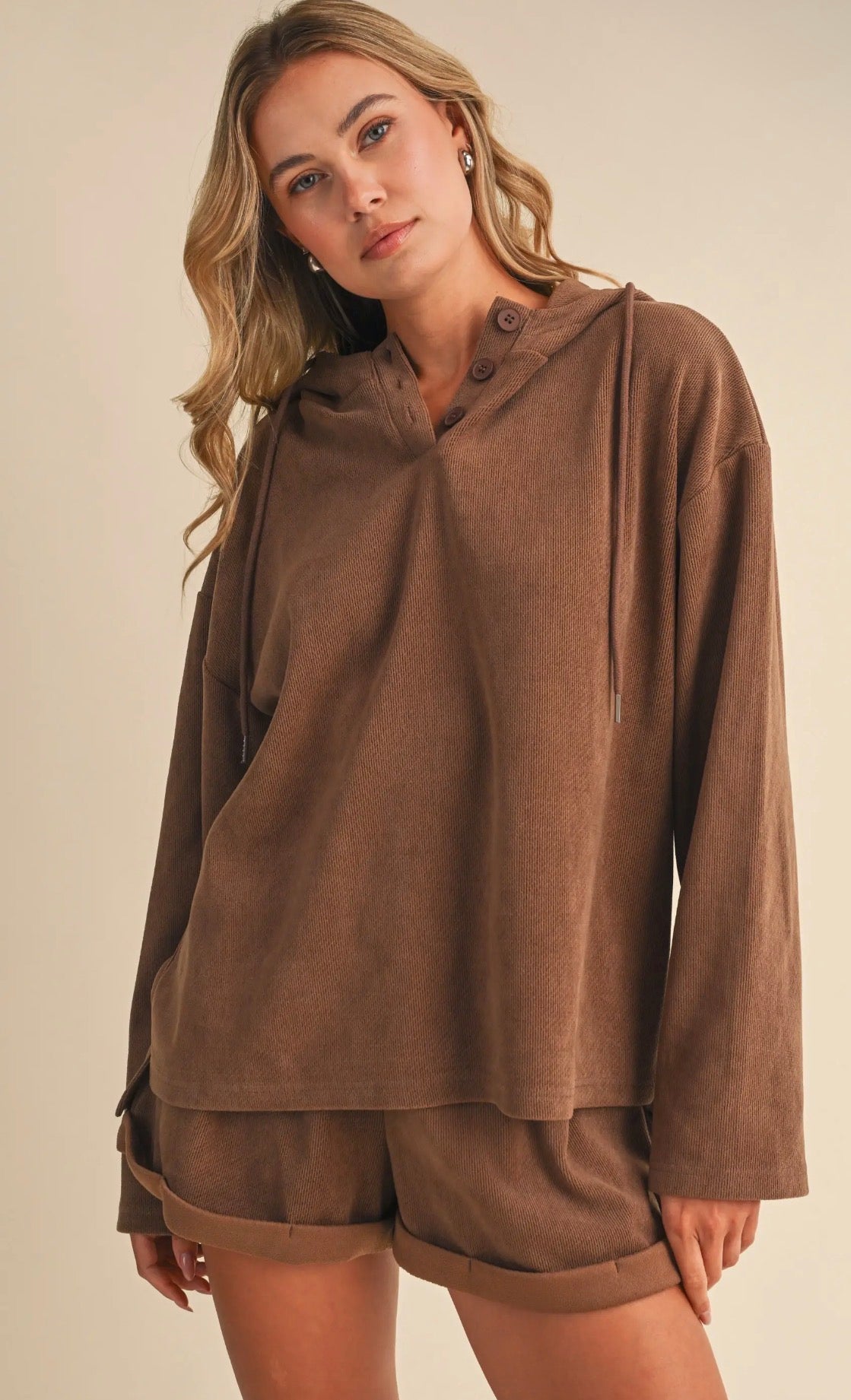 Ribbed Hooded Top & Shorts Set