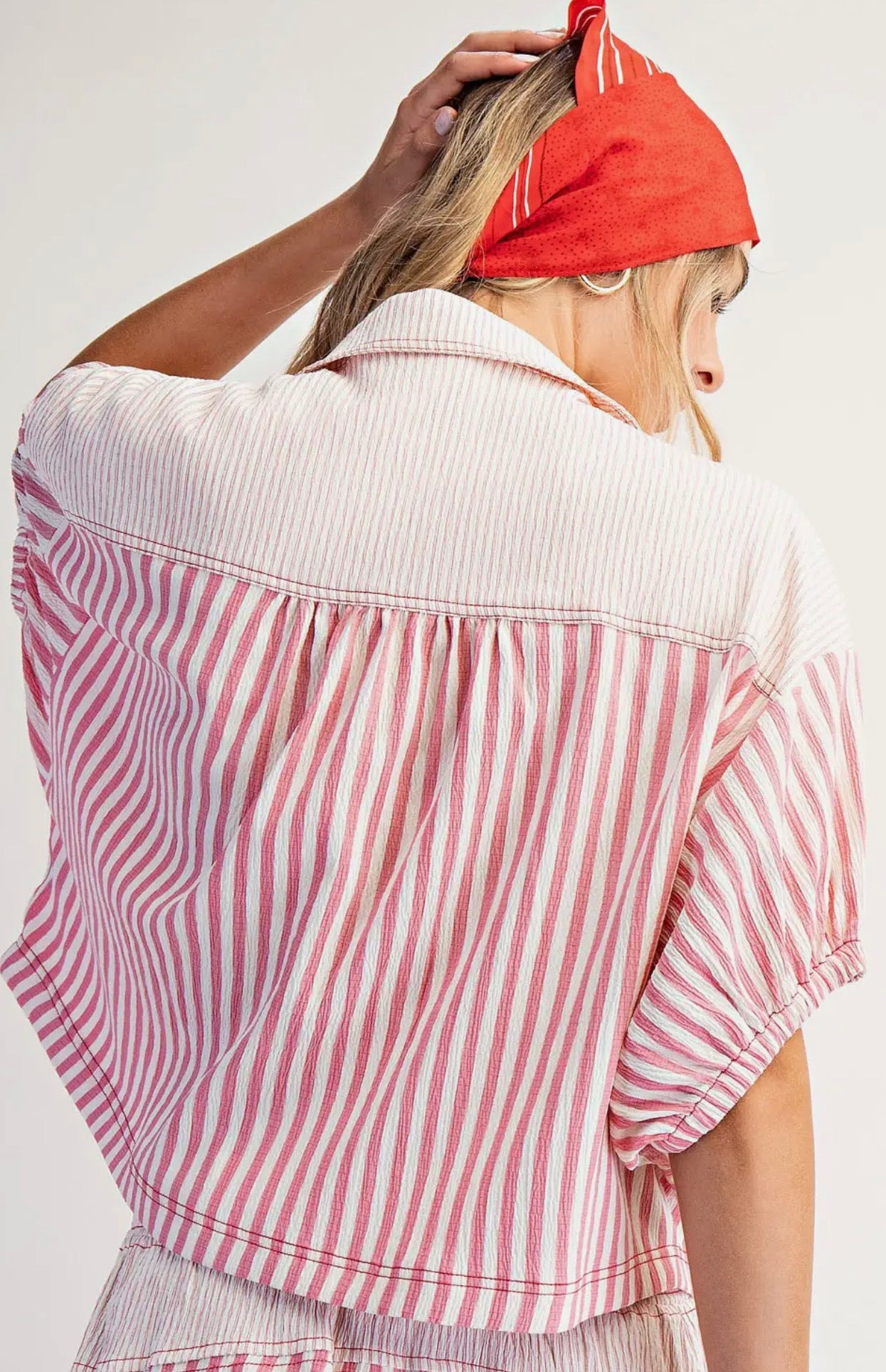 Pink Stripe Button Down Collared Top – Lightweight Relaxed Fit Blouse