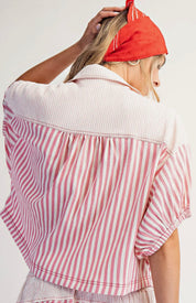 Pink Stripe Button Down Collared Top – Lightweight Relaxed Fit Blouse
