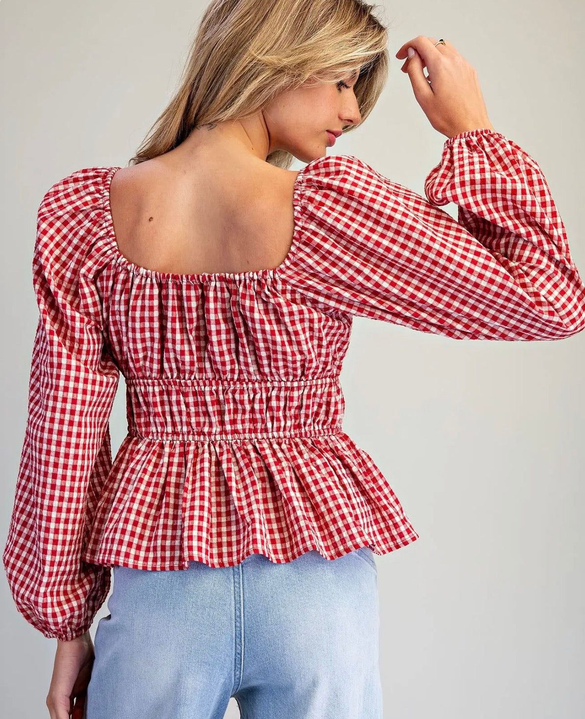 Red Charm Gingham Tie Front Blouse
