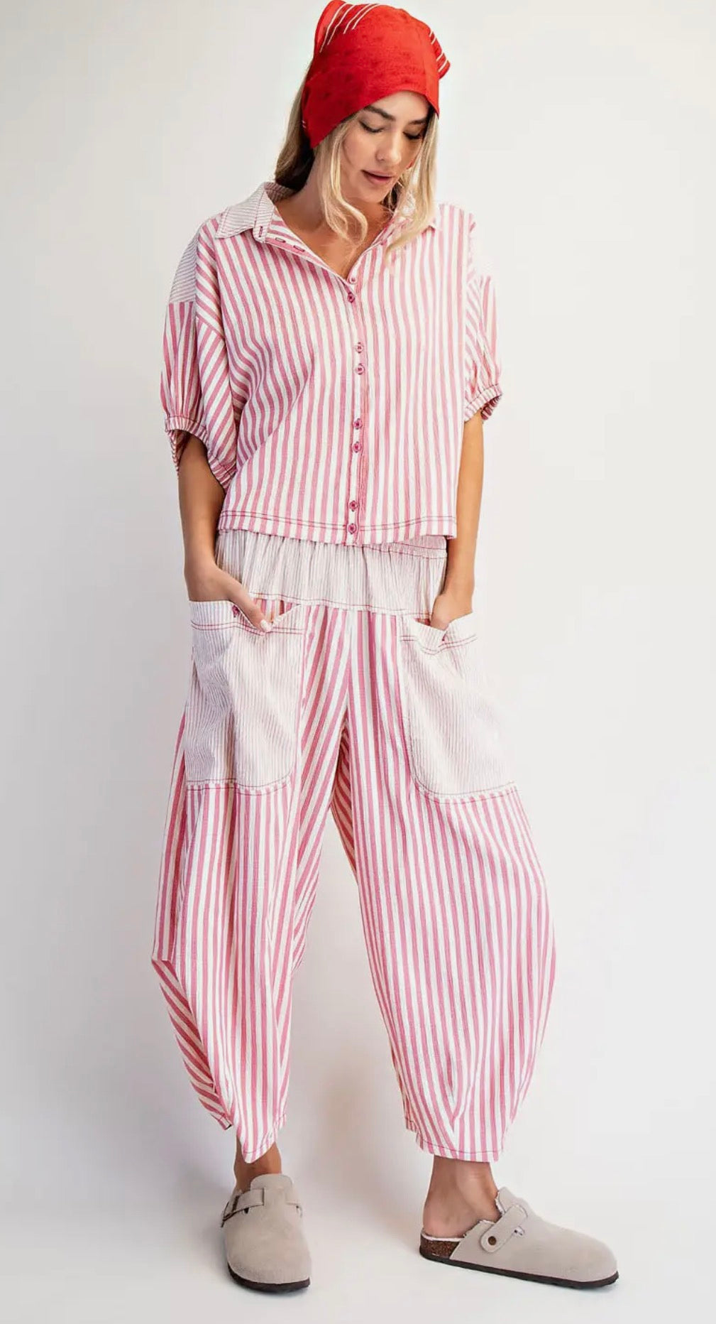 Pink Stripe Wide Leg Barrel Pants with Pockets – Lightweight Relaxed Fit