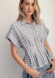 Pastel Plaid Peplum Button Front Top – Cinched Waist Cotton Blouse