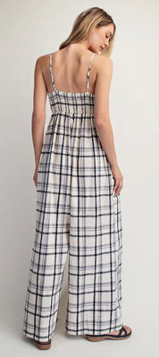 Linen Check Wide Leg Jumpsuit – Lightweight Smocked Back Summer Outfit