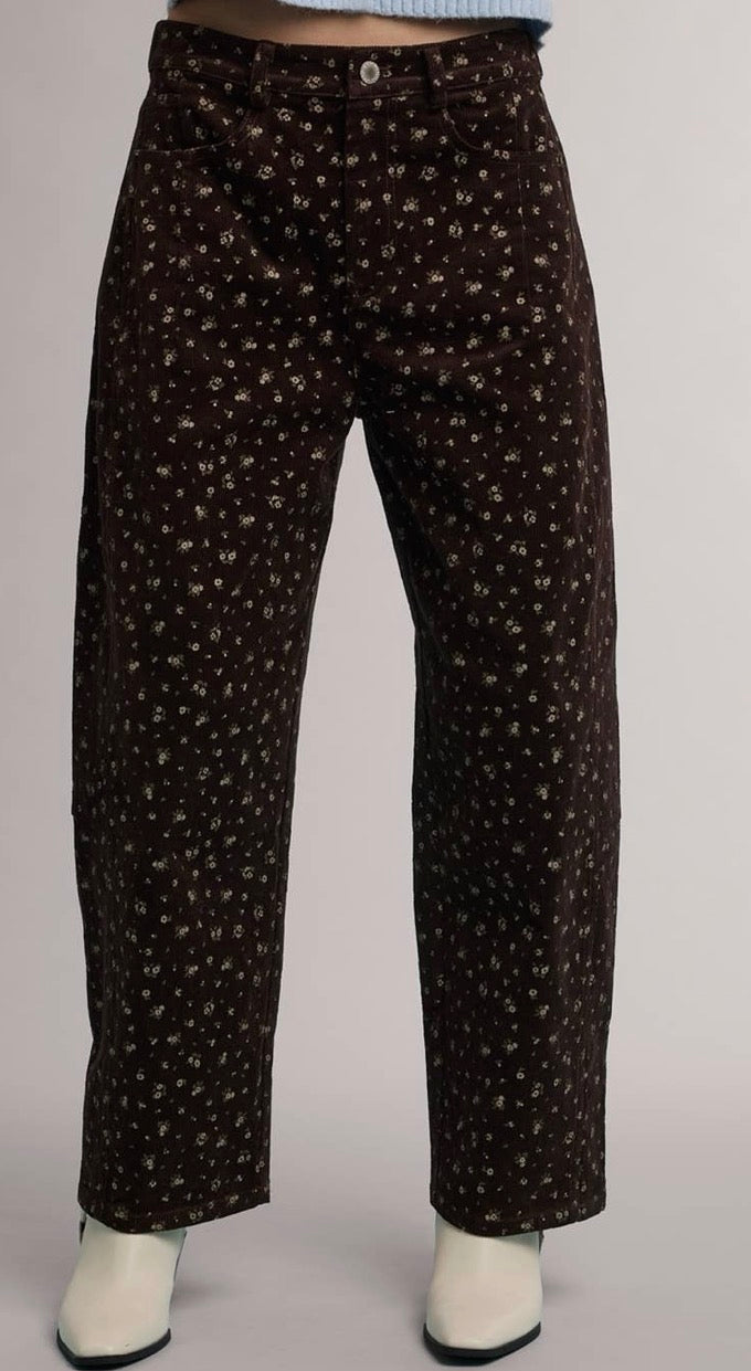 Mocha Meadow Floral Barrel Leg Pants