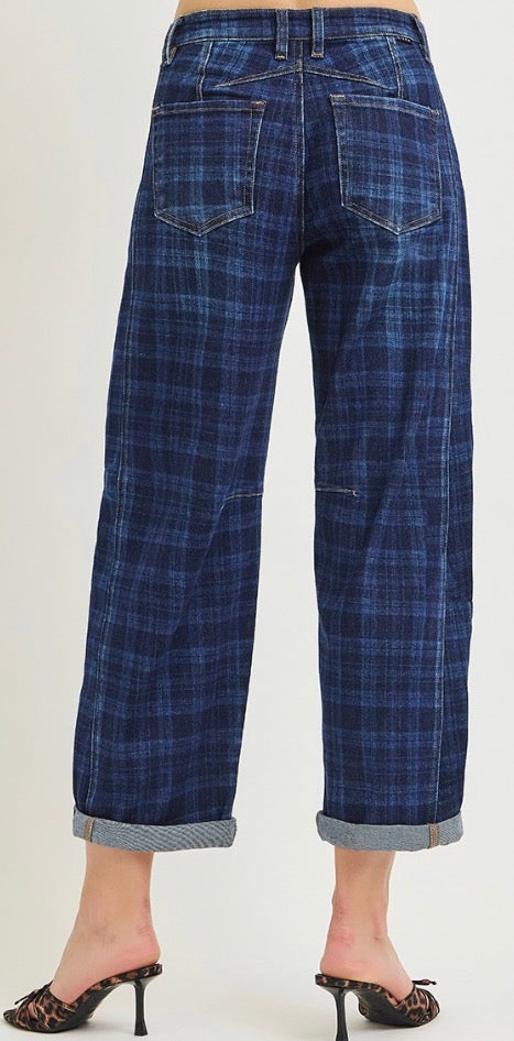 Risen Midnight Plaid Cuffed Barrel Jeans
