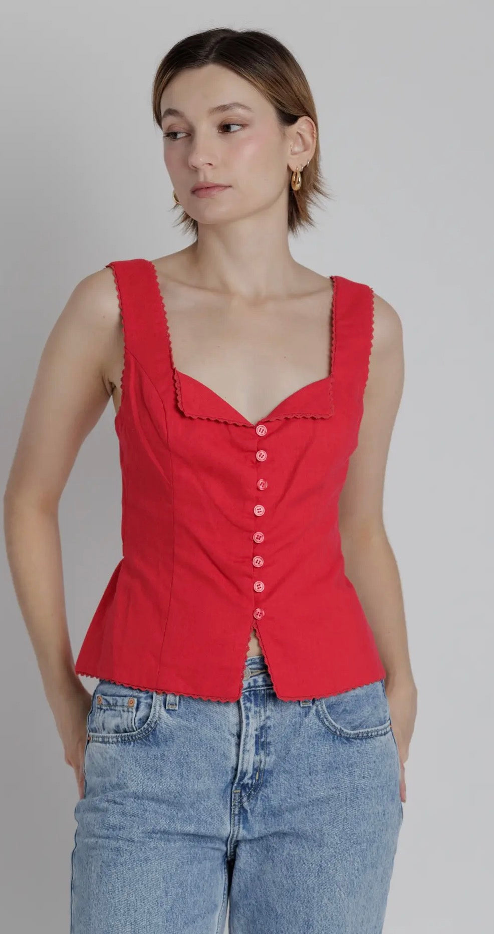 Red Button Front Corset Top – Structured Peplum Tank Blouse