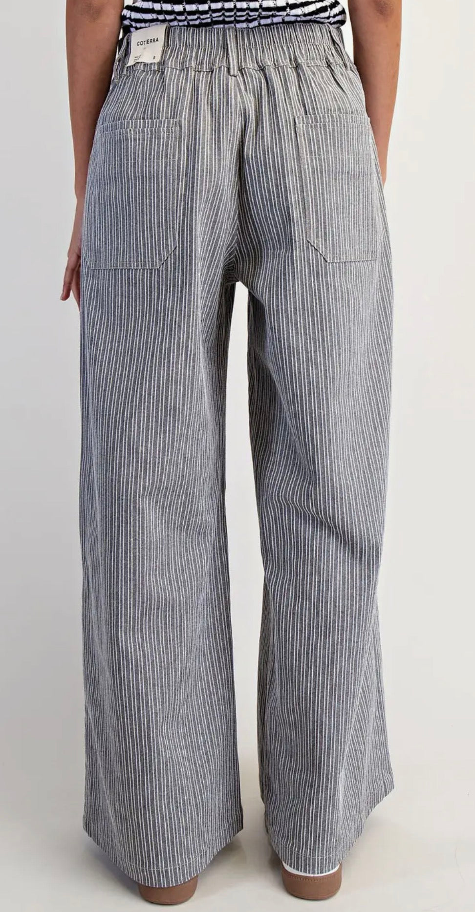Marine Stripe Wide Leg Pants – High Rise Pleated Cotton Blend Trousers